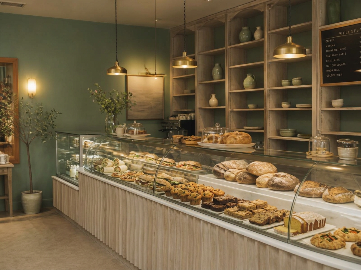 The Zeia glass deli counter with light oak shelving and warm lamplight